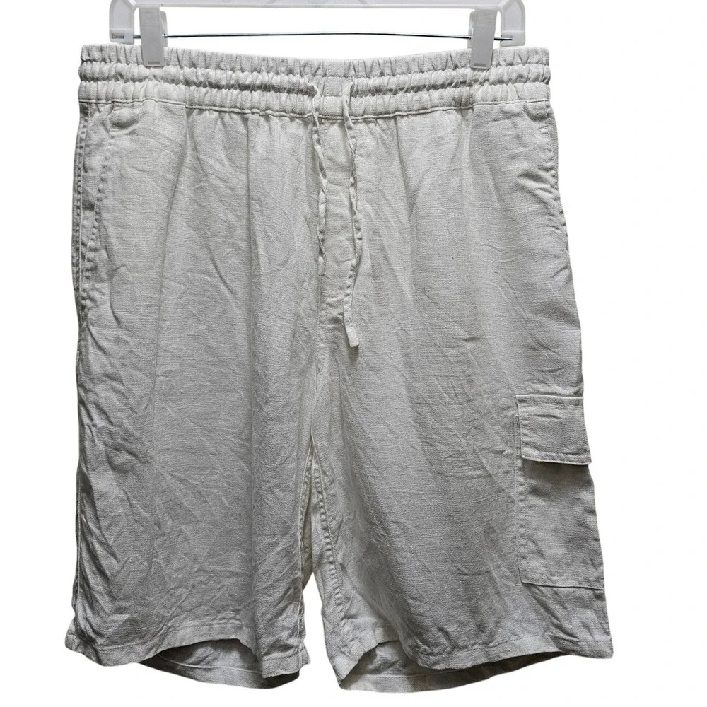 Onia Mens 100% Linen Cargo Shorts Off-White Cream Elastic Resort Old Money Large